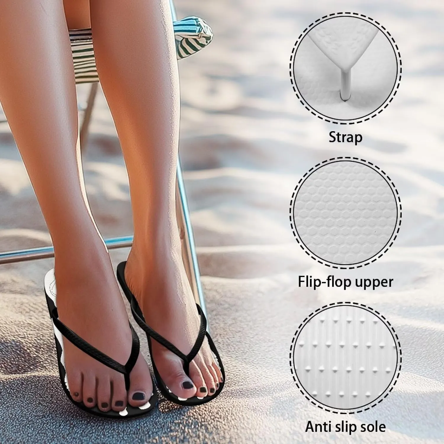 Women Flip Flops Lightweight Slip-on Flips Beach Rubber Shower Flop No Foot Rubbing Comfortable Elastic Shock-Absorbing Slippers Black Size 5-9