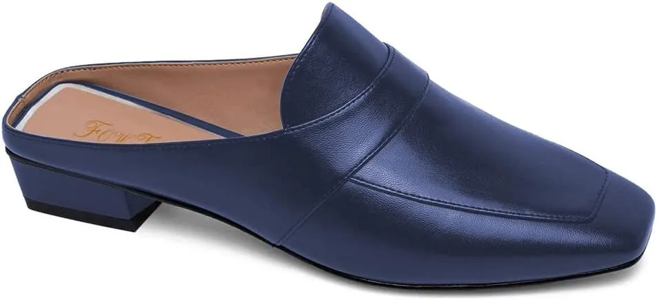 Women Luxury Leather Mules, Closed Square Toe Loafer, Med Chunky Heel Backless Mule Sandals, Lightweight Slip on Slingback Walking Shoes for Ladies, Elegant Dress Casual Slippers, Full Size 4-16 M US