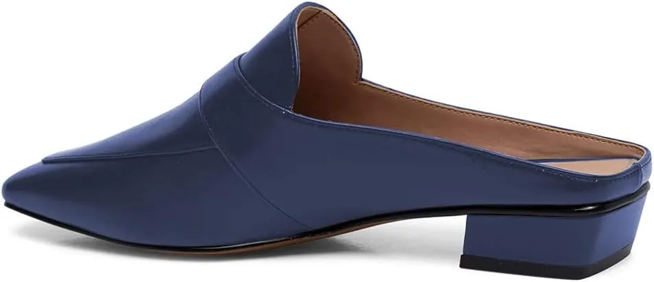 Women Luxury Leather Mules, Closed Square Toe Loafer, Med Chunky Heel Backless Mule Sandals, Lightweight Slip on Slingback Walking Shoes for Ladies, Elegant Dress Casual Slippers, Full Size 4-16 M US