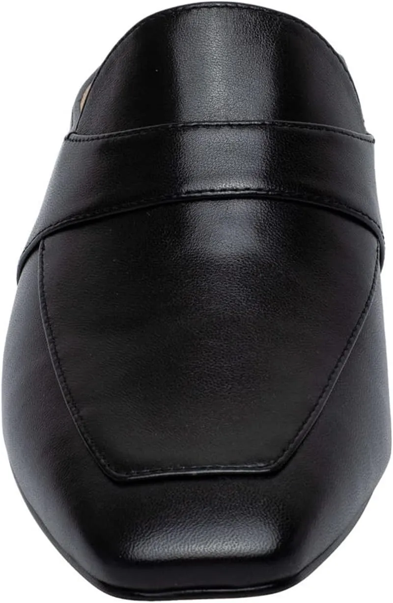 Women Luxury Leather Mules, Closed Square Toe Loafer, Med Chunky Heel Backless Mule Sandals, Lightweight Slip on Slingback Walking Shoes for Ladies, Elegant Dress Casual Slippers, Full Size 4-16 M US
