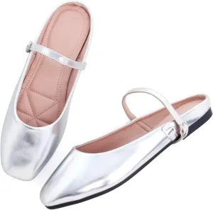 Women Mules Elegant Dressy Flats Closed Toe Microfiber Leather Shoes Adjustable Buckle Strap Mary Jane Casual Office Shoes