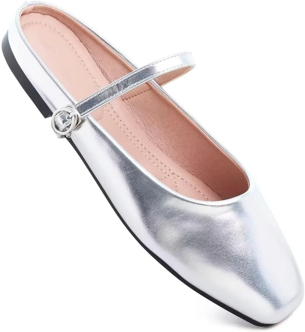 Women Mules Elegant Dressy Flats Closed Toe Microfiber Leather Shoes Adjustable Buckle Strap Mary Jane Casual Office Shoes