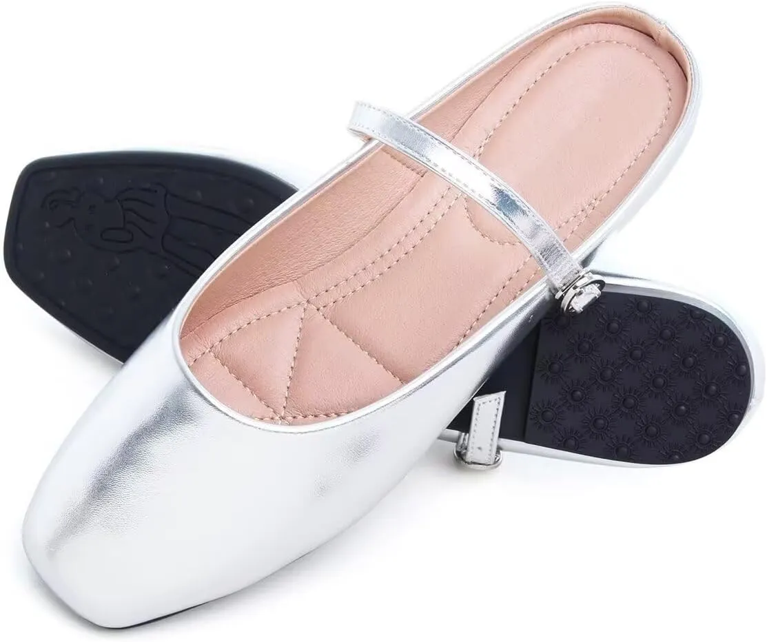 Women Mules Elegant Dressy Flats Closed Toe Microfiber Leather Shoes Adjustable Buckle Strap Mary Jane Casual Office Shoes