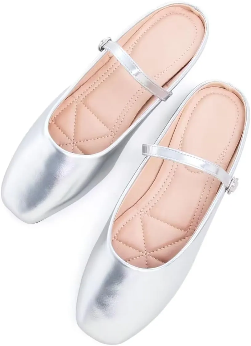 Women Mules Elegant Dressy Flats Closed Toe Microfiber Leather Shoes Adjustable Buckle Strap Mary Jane Casual Office Shoes