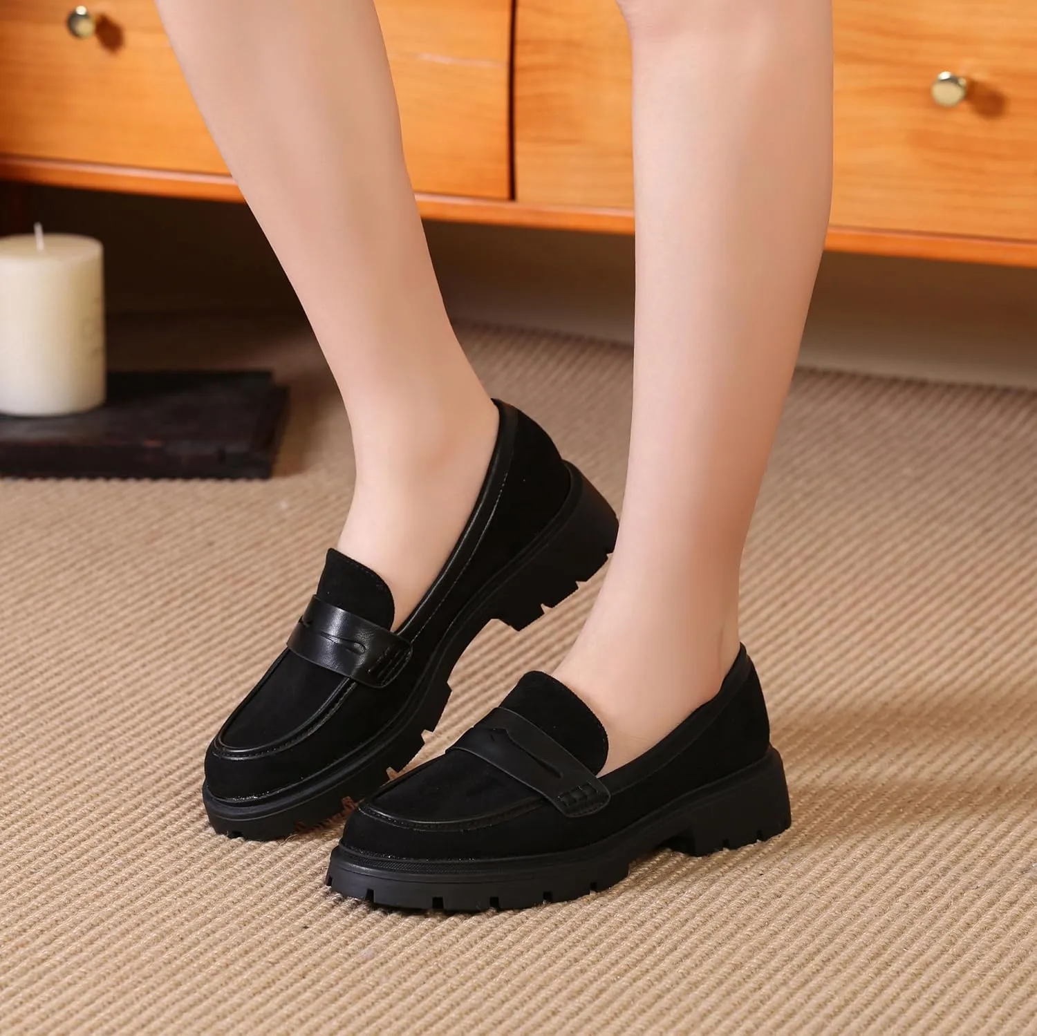 Women Penny Loafers Casual Hollow Out Slip On Chunky Platform Loafers Work Shopping Travel Shoes