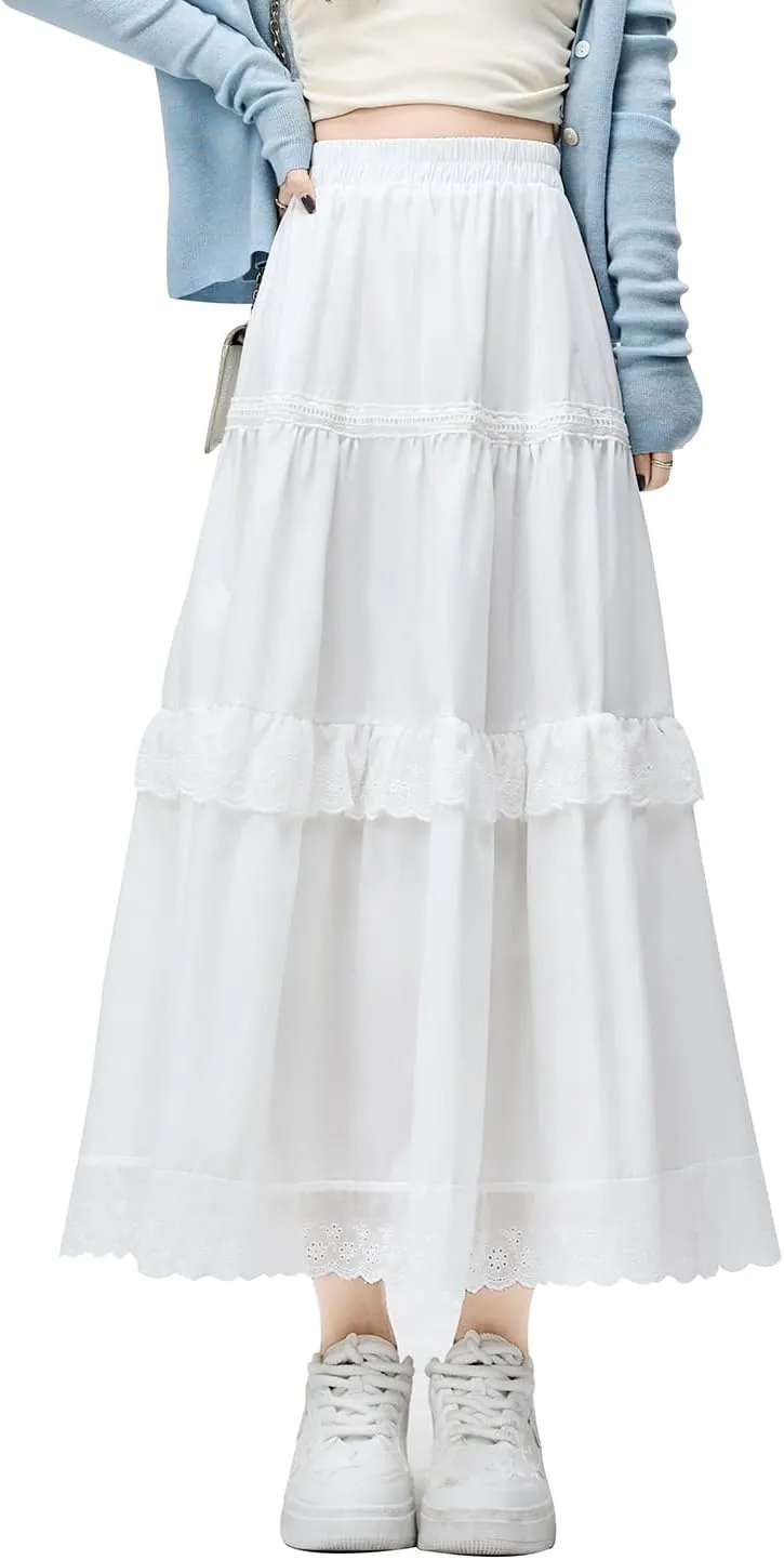 Womens 2024 Summer Tiered Maxi Skirt Boho Elastic Waist Pleated A-Line Flowy Swing Beach Long Skirts