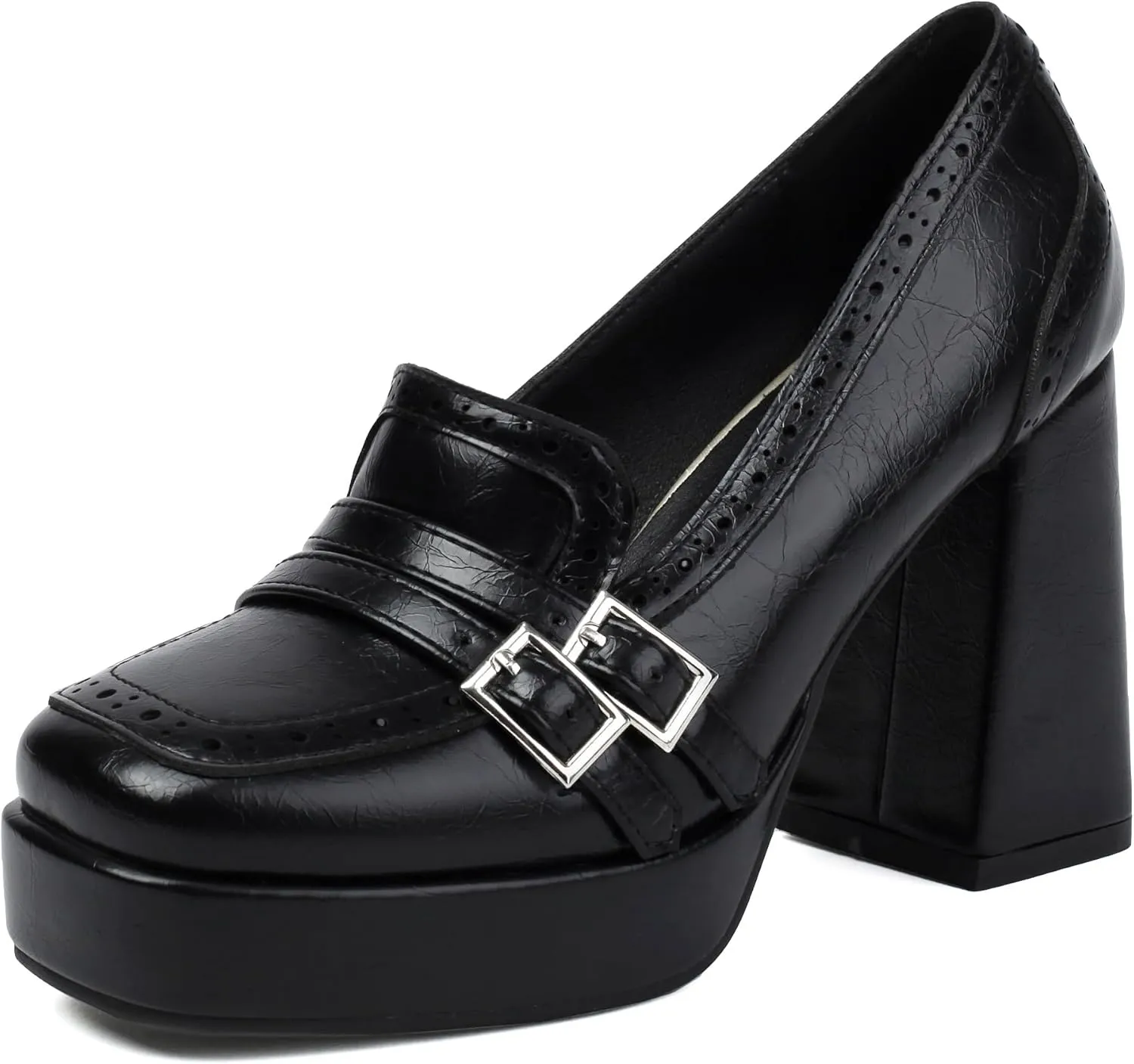 Women's Block High Heel Loafer Platform Chunky Double Buckle Square Toe Vintage Pumps Dress Shoes
