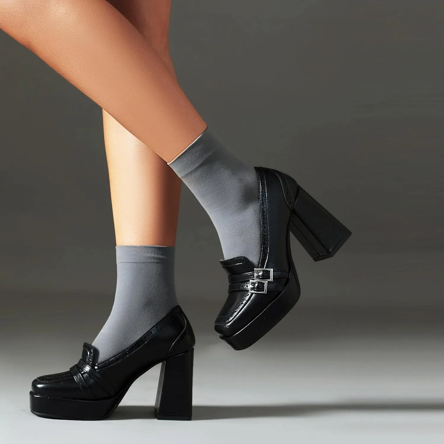 Women's Block High Heel Loafer Platform Chunky Double Buckle Square Toe Vintage Pumps Dress Shoes