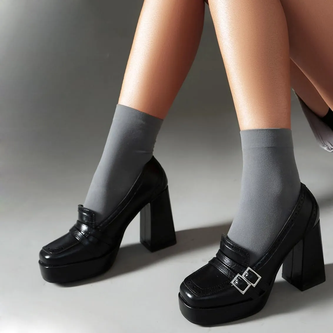Women's Block High Heel Loafer Platform Chunky Double Buckle Square Toe Vintage Pumps Dress Shoes