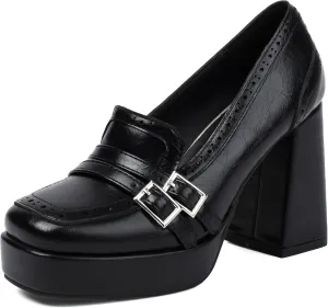 Women's Block High Heel Loafer Platform Chunky Double Buckle Square Toe Vintage Pumps Dress Shoes