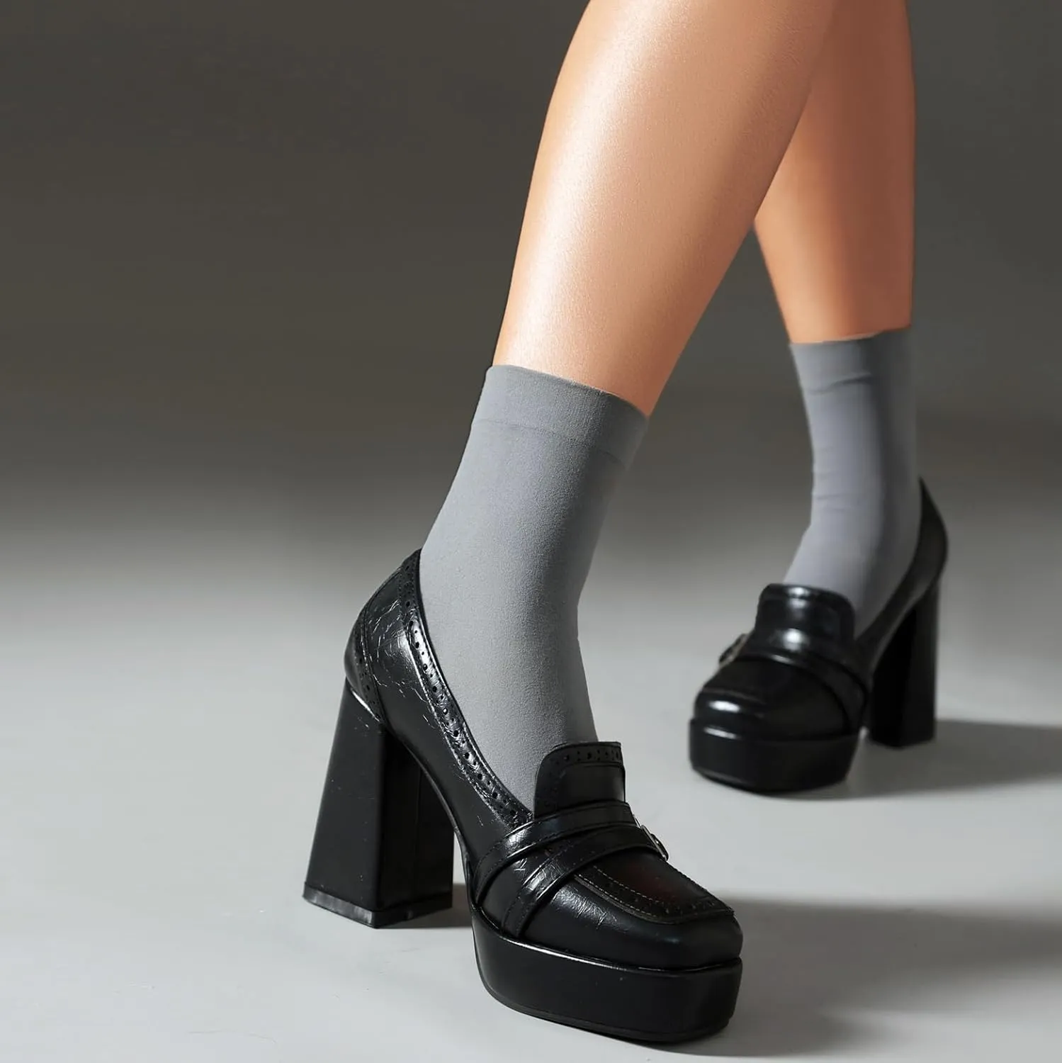 Women's Block High Heel Loafer Platform Chunky Double Buckle Square Toe Vintage Pumps Dress Shoes