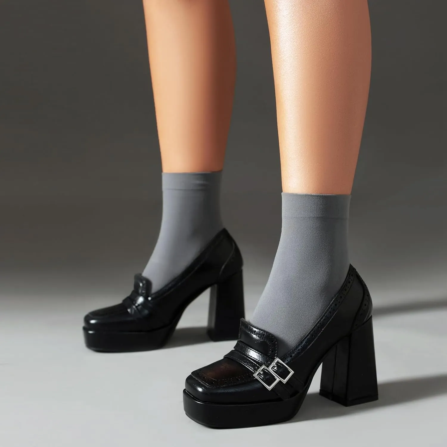 Women's Block High Heel Loafer Platform Chunky Double Buckle Square Toe Vintage Pumps Dress Shoes