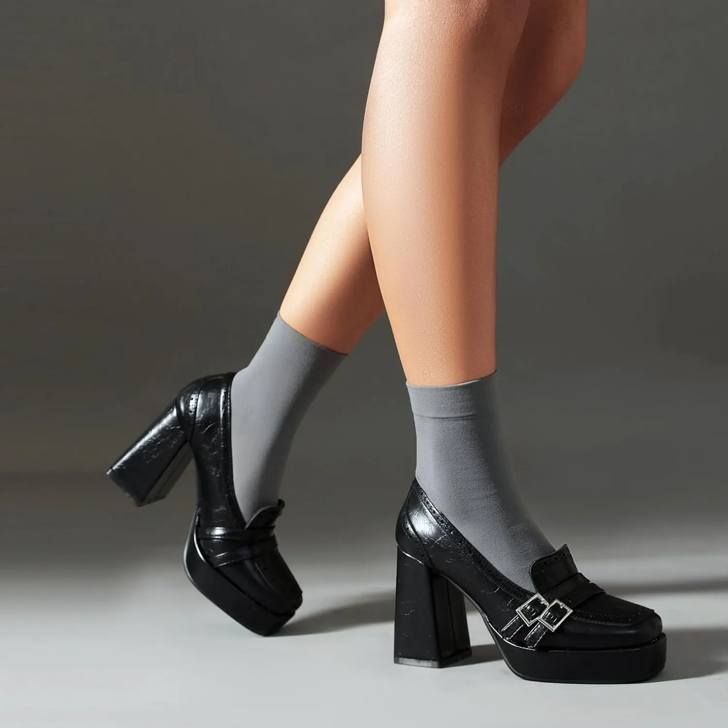 Women's Block High Heel Loafer Platform Chunky Double Buckle Square Toe Vintage Pumps Dress Shoes