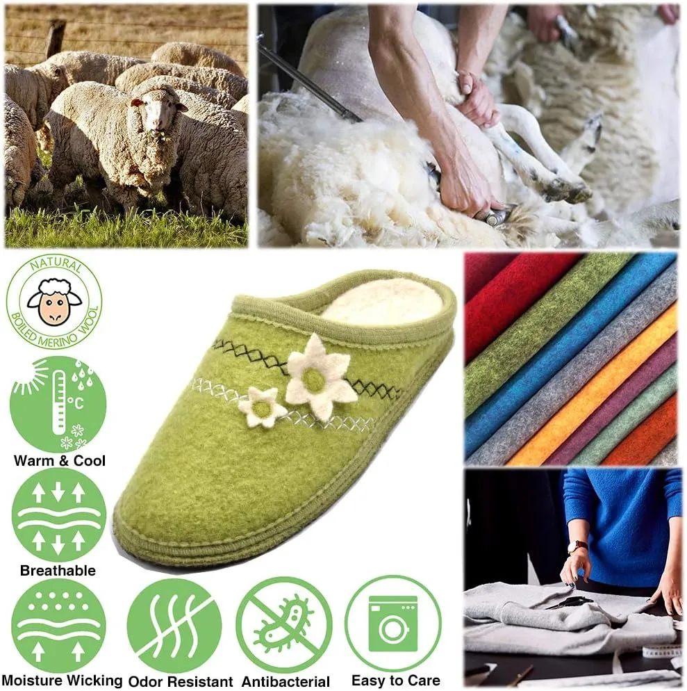 Women's Boiled Wool House Slippers Breathable Sweat Free Clog Slip on Mule Indoor/Outdoor Slipper
