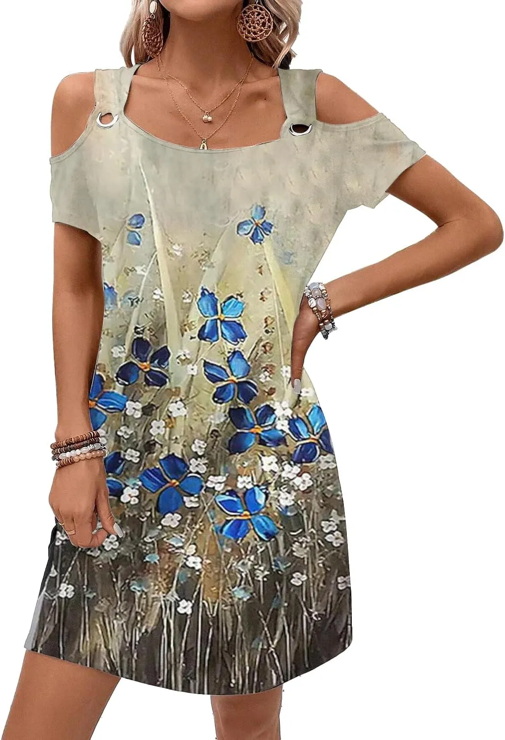 Womens Casual Summer Scoop Neck Dress Trendy Sexy O Ring Cold Shoulder Flowy Short Dress with Pockets