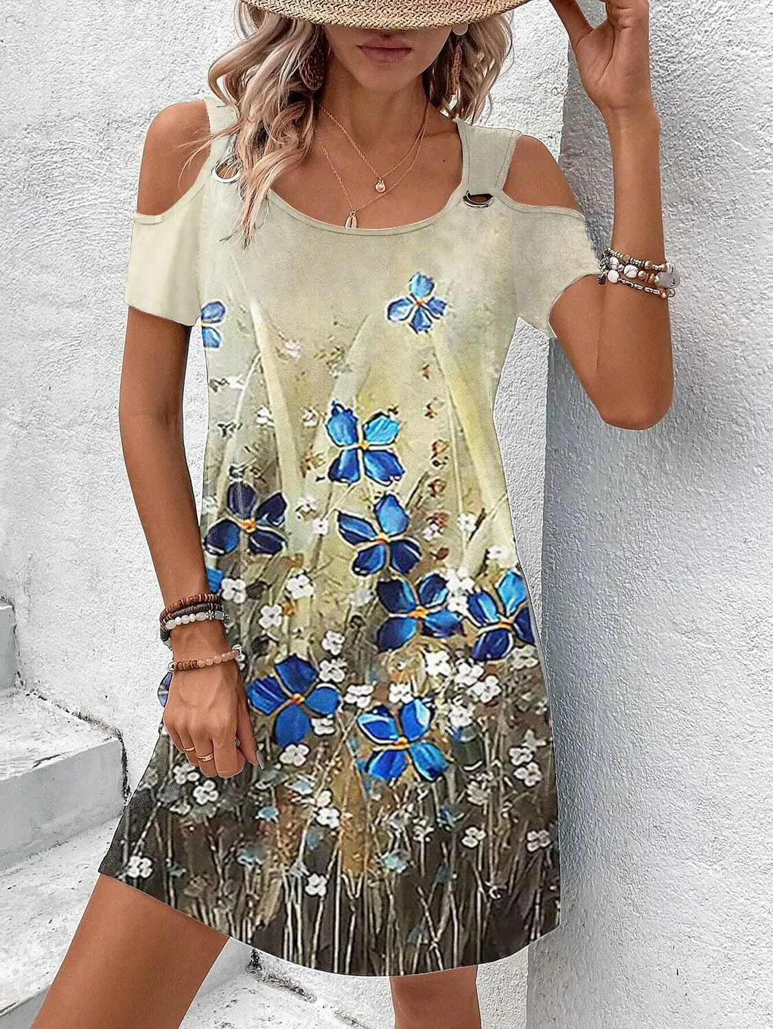 Womens Casual Summer Scoop Neck Dress Trendy Sexy O Ring Cold Shoulder Flowy Short Dress with Pockets