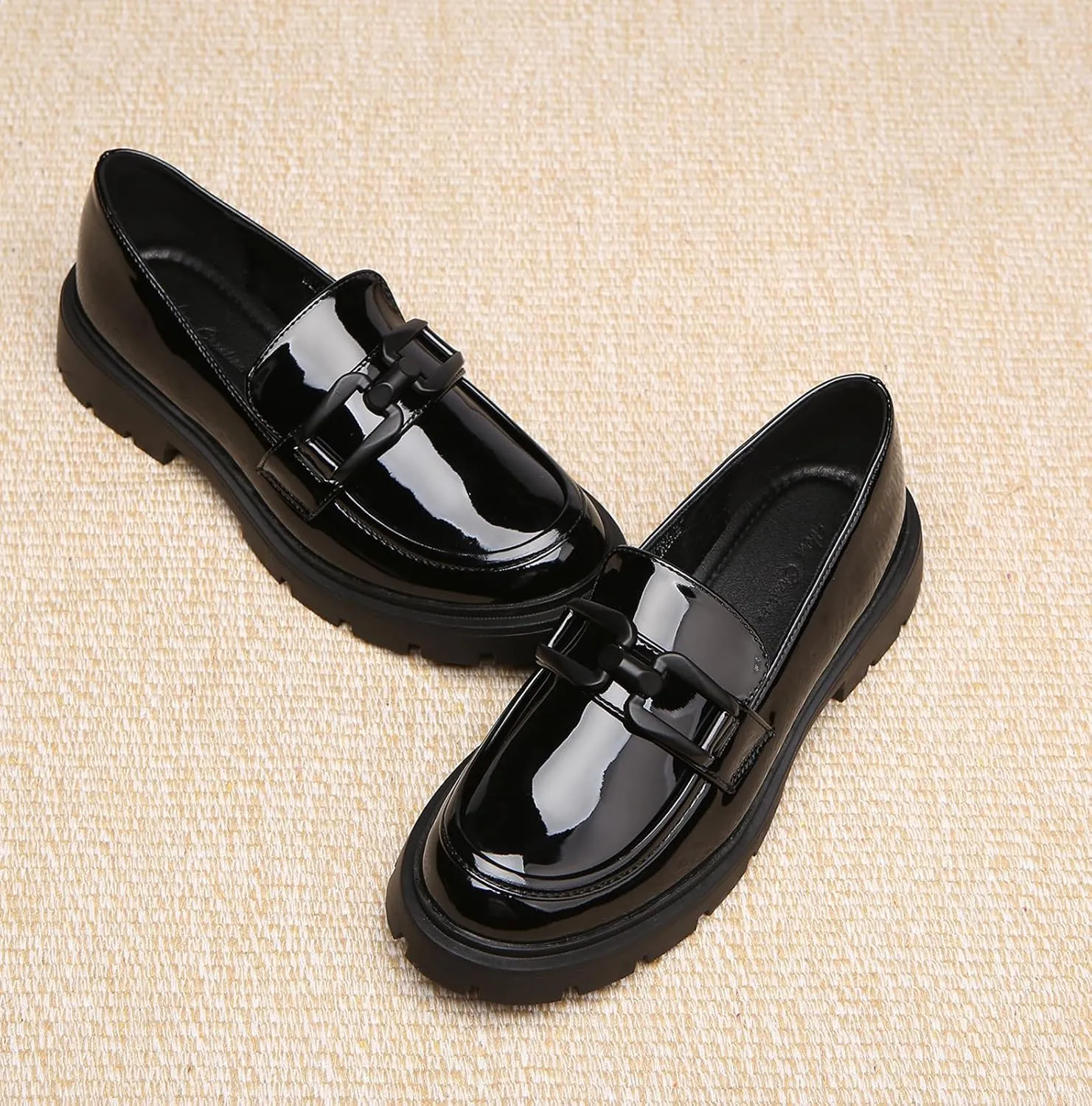 Women's Chunky Platform Loafers with Chain or Buckle Patent Leather Black Penny Loafers Fashion Office Shoes School Dress Shoes Comfort Slip-on