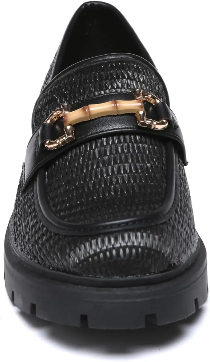 Women's Chunky Platform Loafers with Chain or Buckle Patent Leather Black Penny Loafers Fashion Office Shoes School Dress Shoes Comfort Slip-on
