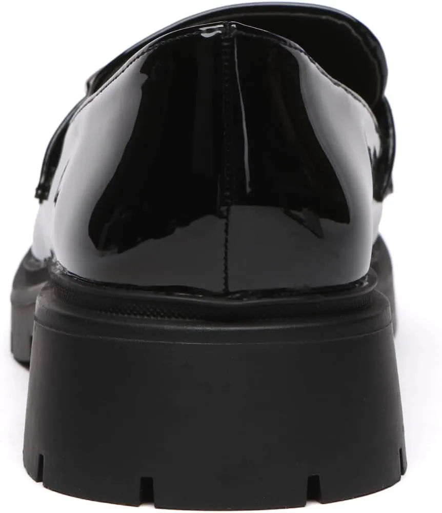 Women's Chunky Platform Loafers with Chain or Buckle Patent Leather Black Penny Loafers Fashion Office Shoes School Dress Shoes Comfort Slip-on