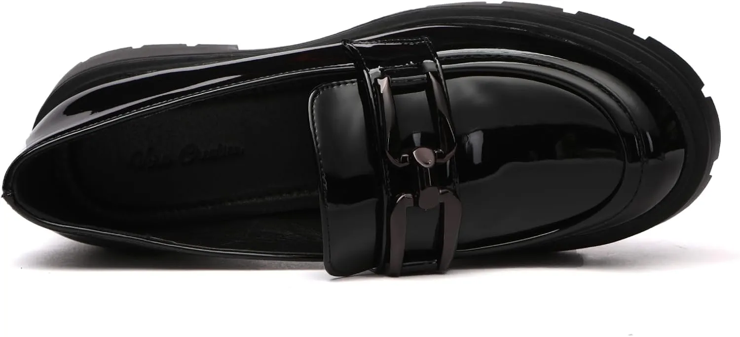Women's Chunky Platform Loafers with Chain or Buckle Patent Leather Black Penny Loafers Fashion Office Shoes School Dress Shoes Comfort Slip-on