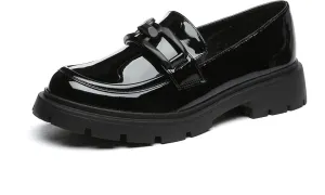 Women's Chunky Platform Loafers with Chain or Buckle Patent Leather Black Penny Loafers Fashion Office Shoes School Dress Shoes Comfort Slip-on
