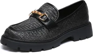 Women's Chunky Platform Loafers with Chain or Buckle Patent Leather Black Penny Loafers Fashion Office Shoes School Dress Shoes Comfort Slip-on