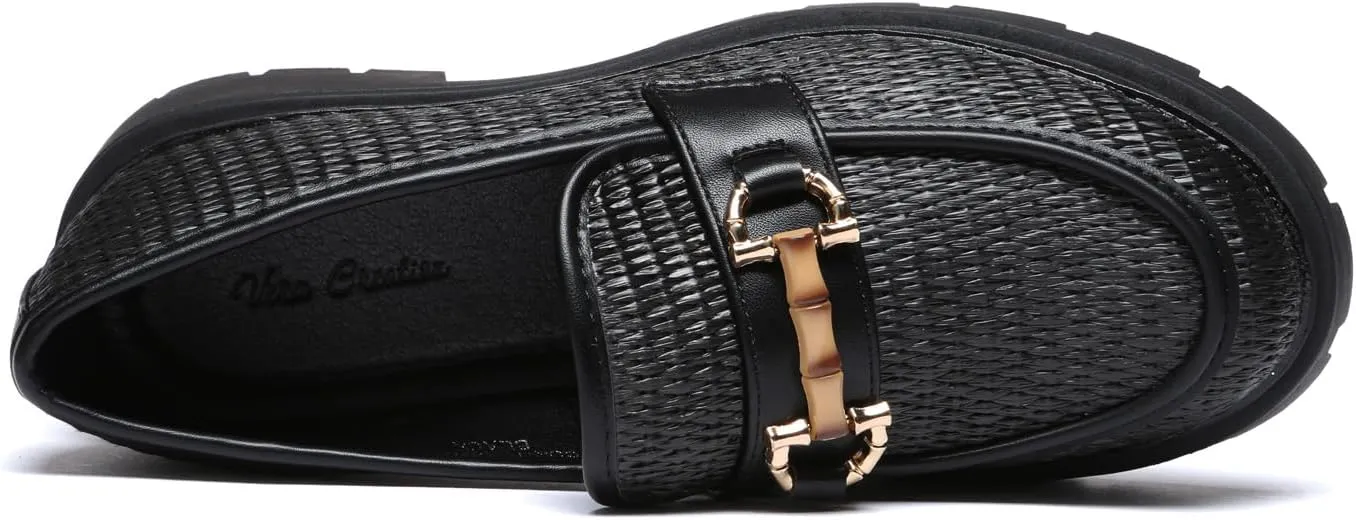 Women's Chunky Platform Loafers with Chain or Buckle Patent Leather Black Penny Loafers Fashion Office Shoes School Dress Shoes Comfort Slip-on