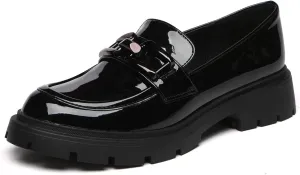 Women's Chunky Platform Loafers with Chain or Buckle Patent Leather Black Penny Loafers Fashion Office Shoes School Dress Shoes Comfort Slip-on