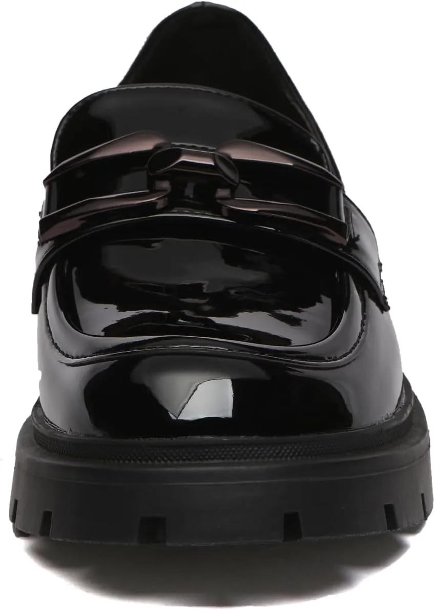 Women's Chunky Platform Loafers with Chain or Buckle Patent Leather Black Penny Loafers Fashion Office Shoes School Dress Shoes Comfort Slip-on