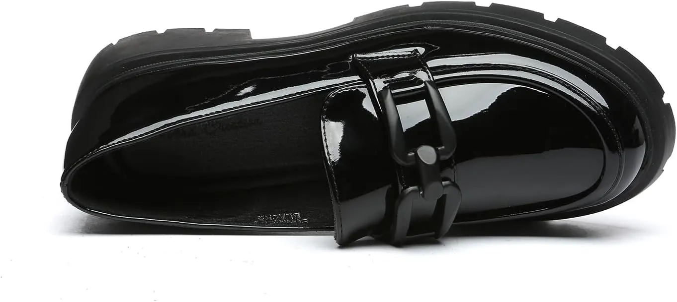 Women's Chunky Platform Loafers with Chain or Buckle Patent Leather Black Penny Loafers Fashion Office Shoes School Dress Shoes Comfort Slip-on