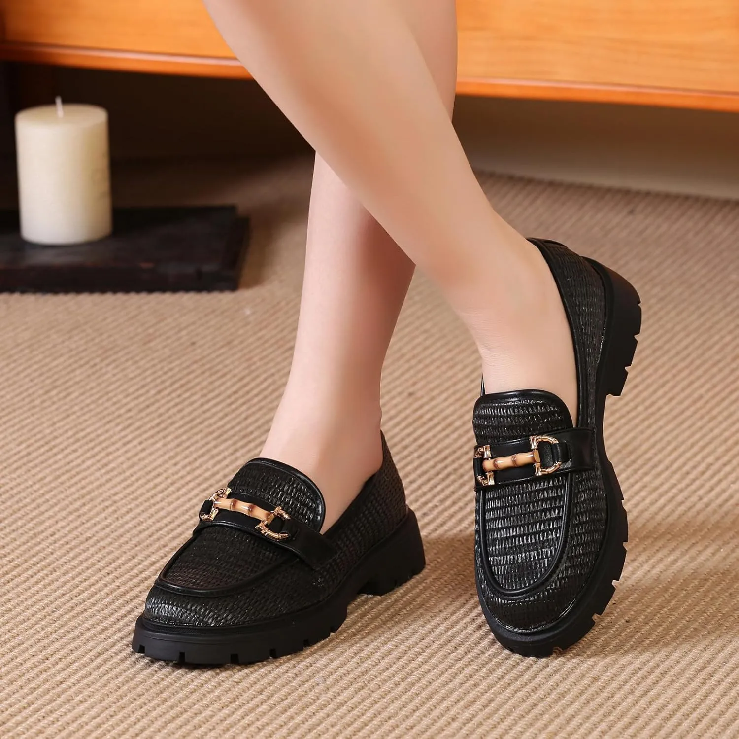 Women's Chunky Platform Loafers with Chain or Buckle Patent Leather Black Penny Loafers Fashion Office Shoes School Dress Shoes Comfort Slip-on