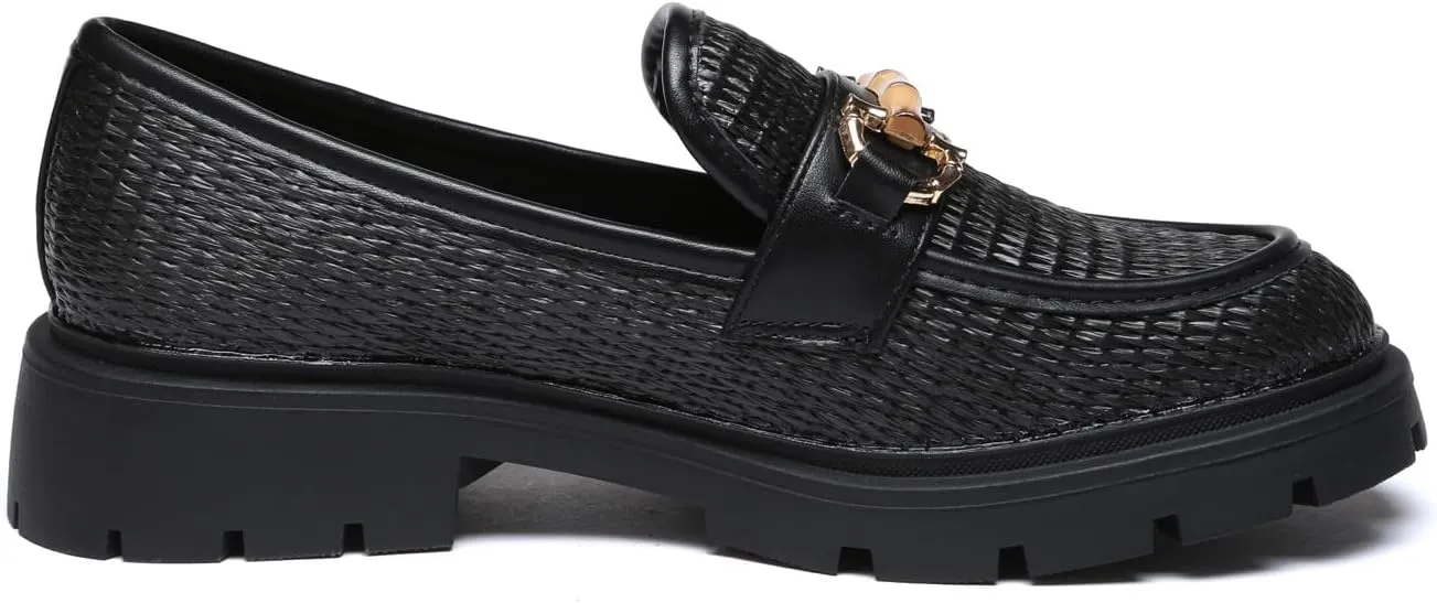 Women's Chunky Platform Loafers with Chain or Buckle Patent Leather Black Penny Loafers Fashion Office Shoes School Dress Shoes Comfort Slip-on