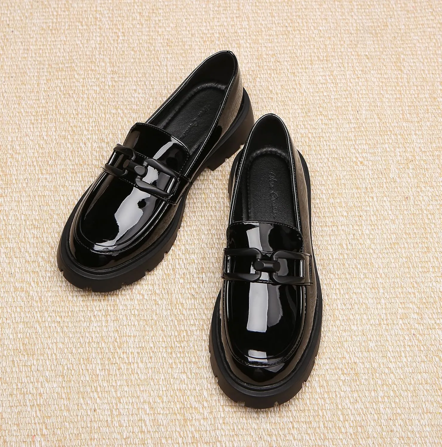 Women's Chunky Platform Loafers with Chain or Buckle Patent Leather Black Penny Loafers Fashion Office Shoes School Dress Shoes Comfort Slip-on