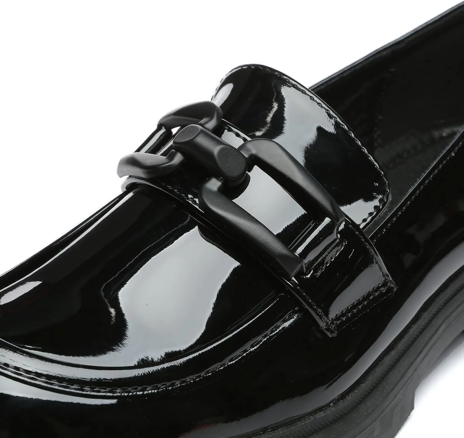 Women's Chunky Platform Loafers with Chain or Buckle Patent Leather Black Penny Loafers Fashion Office Shoes School Dress Shoes Comfort Slip-on