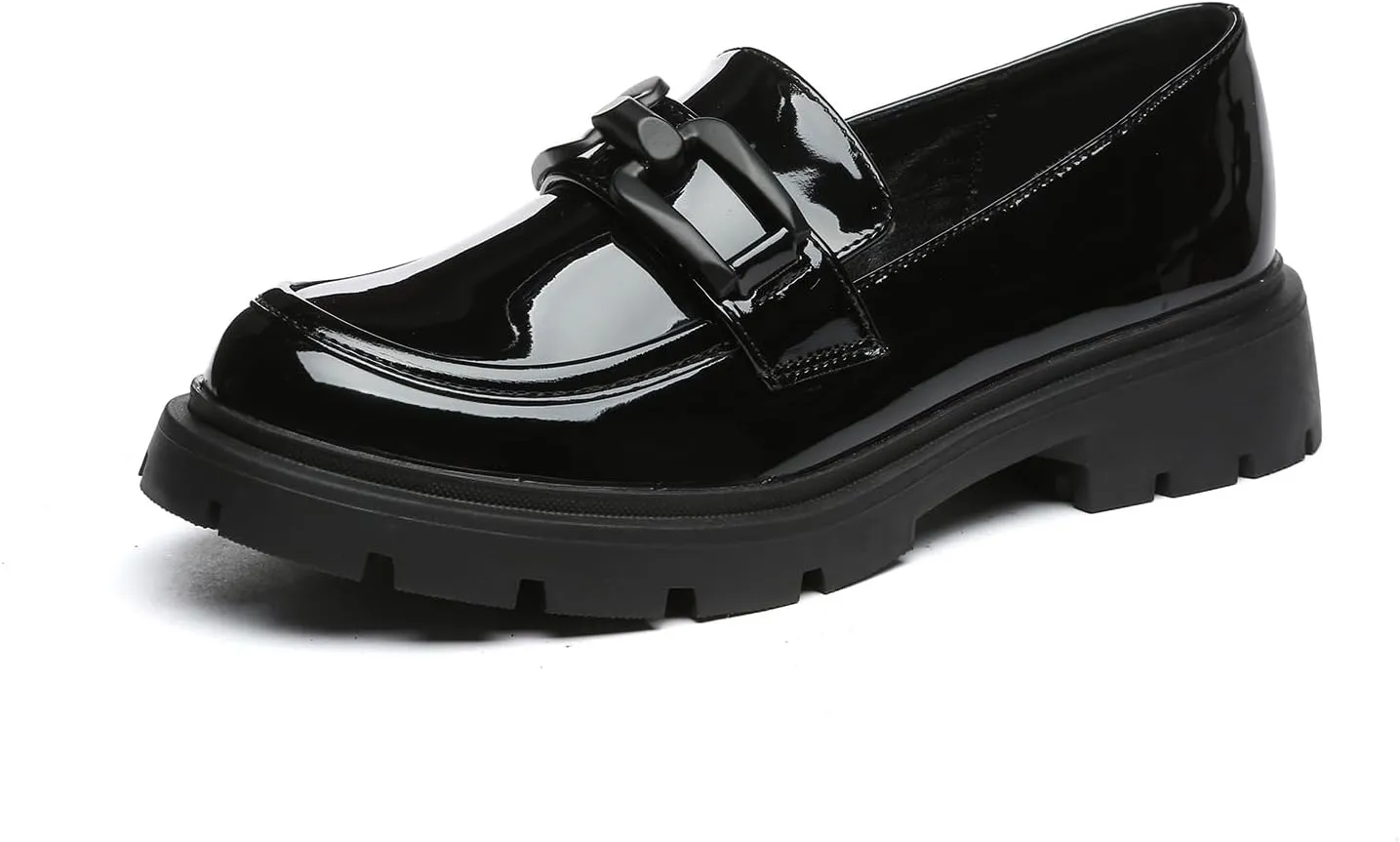 Women's Chunky Platform Loafers with Chain or Buckle Patent Leather Black Penny Loafers Fashion Office Shoes School Dress Shoes Comfort Slip-on