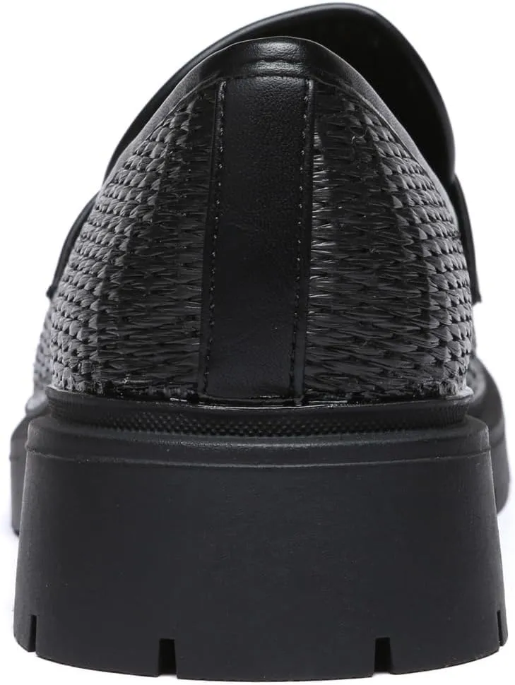 Women's Chunky Platform Loafers with Chain or Buckle Patent Leather Black Penny Loafers Fashion Office Shoes School Dress Shoes Comfort Slip-on