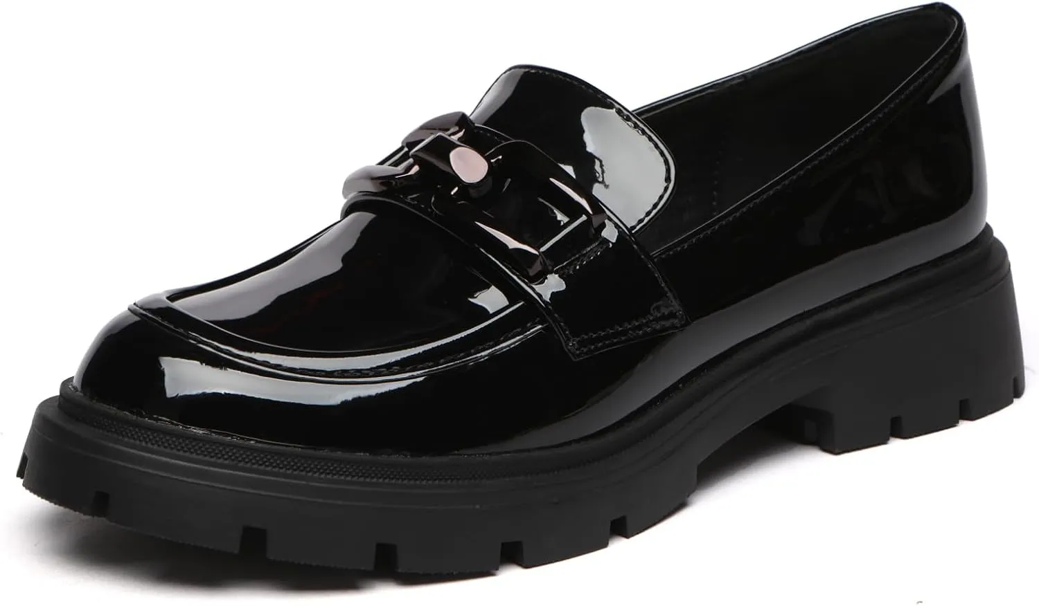 Women's Chunky Platform Loafers with Chain or Buckle Patent Leather Black Penny Loafers Fashion Office Shoes School Dress Shoes Comfort Slip-on