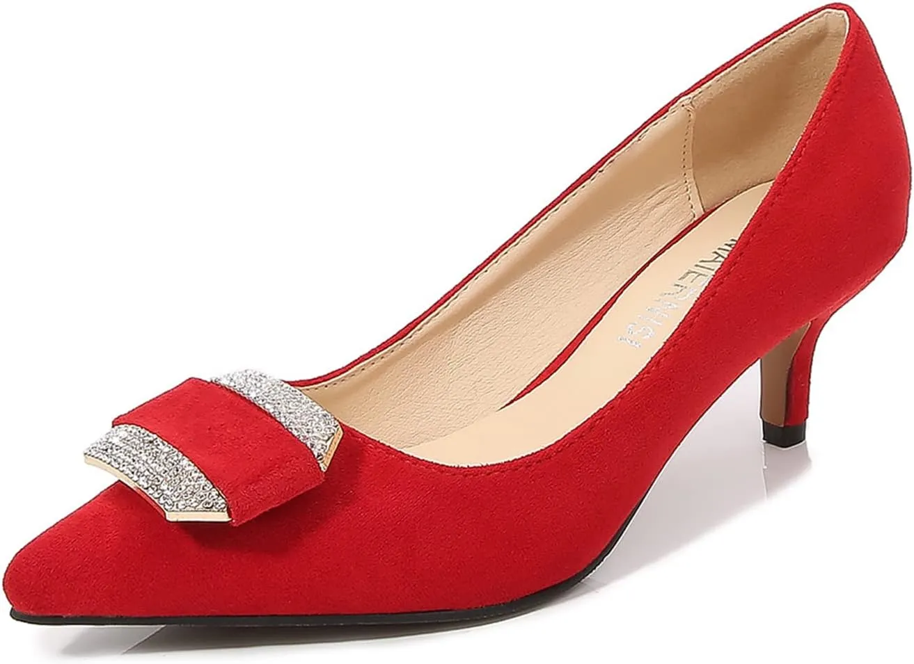 Women's Classic Suede Pointed Toe Kitten Heels Slim Slip on High Heel Pumps with Big Rhinestone Buckle Office Work Dress Shoes Low Heels,Red,35