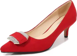Women's Classic Suede Pointed Toe Kitten Heels Slim Slip on High Heel Pumps with Big Rhinestone Buckle Office Work Dress Shoes Low Heels,Red,43