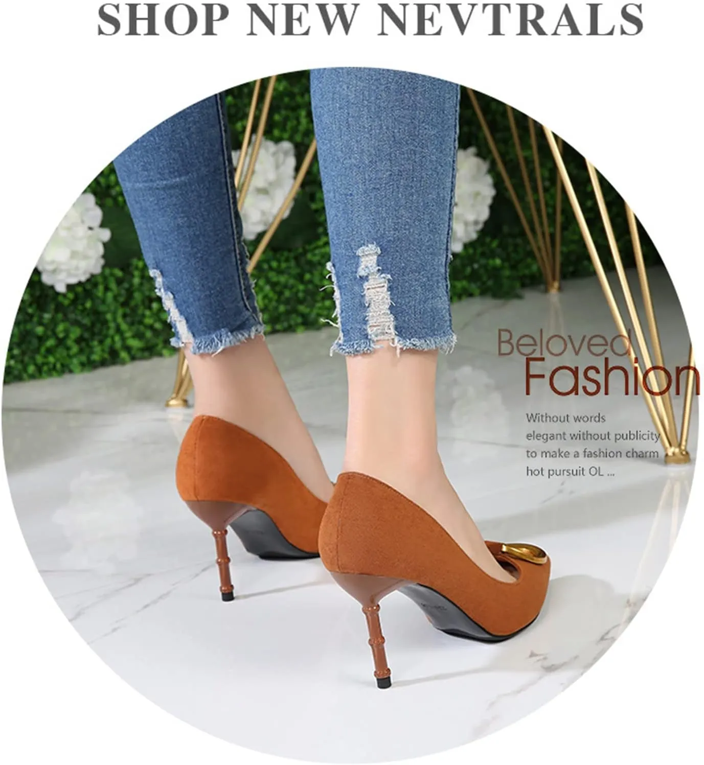 Women's Classic Suede Pointed Toe Slim Slip on Stiletto High Heel Pumps with Big Metal Round Buckle Office Work Dress Shoes 3.1 Inch Heels