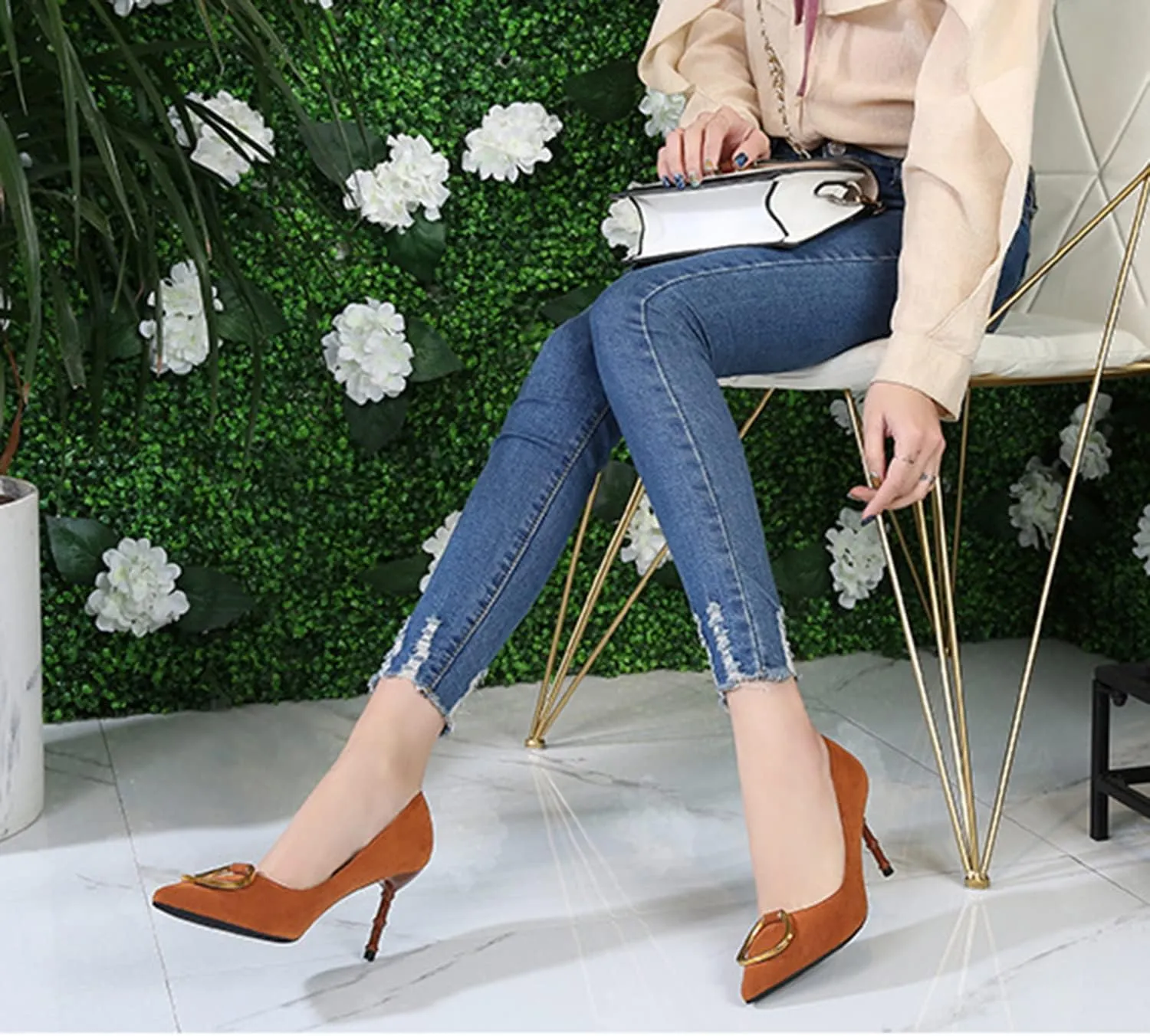 Women's Classic Suede Pointed Toe Slim Slip on Stiletto High Heel Pumps with Big Metal Round Buckle Office Work Dress Shoes 3.1 Inch Heels