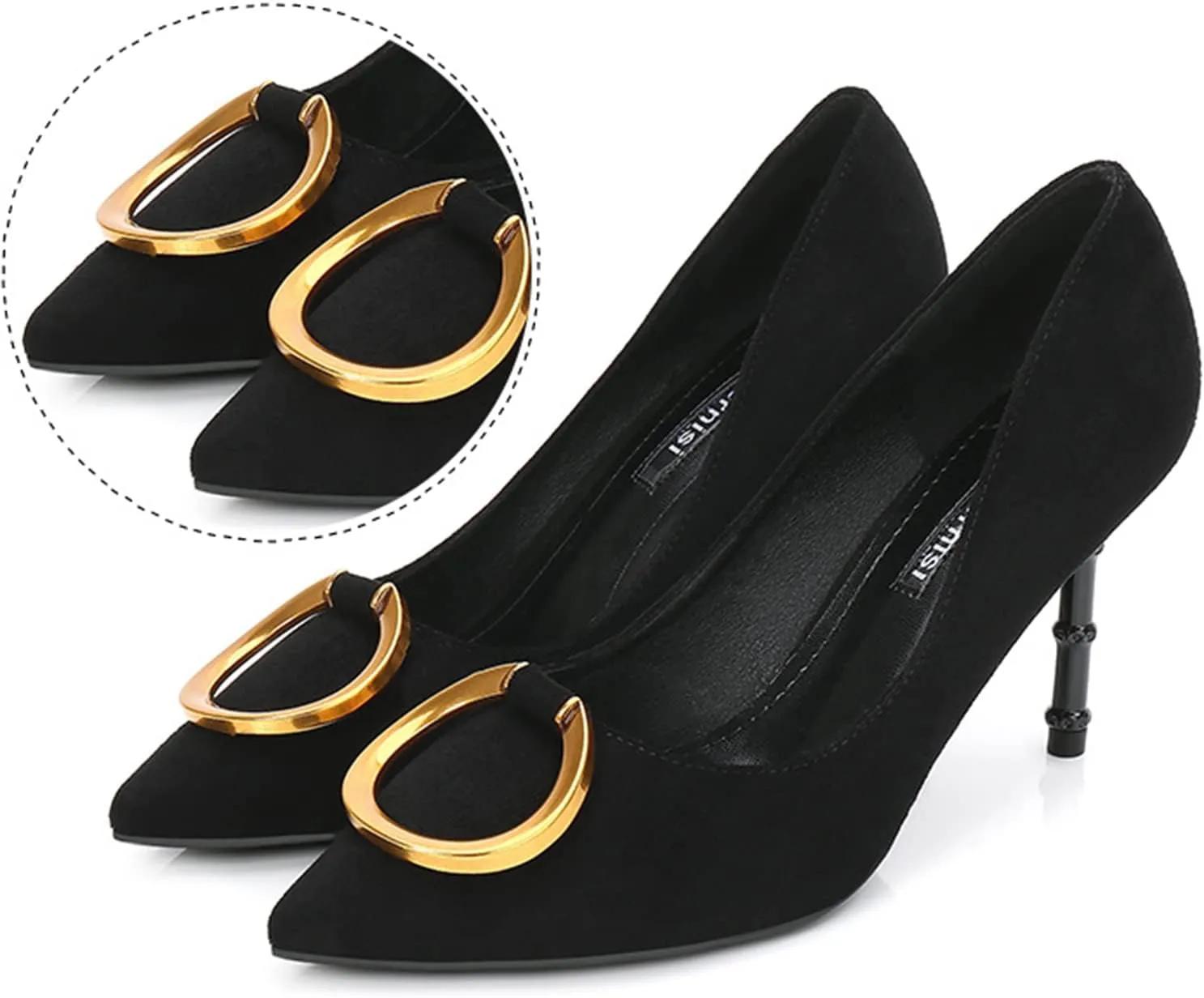 Women's Classic Suede Pointed Toe Slim Slip on Stiletto High Heel Pumps with Big Metal Round Buckle Office Work Dress Shoes 3.1 Inch Heels