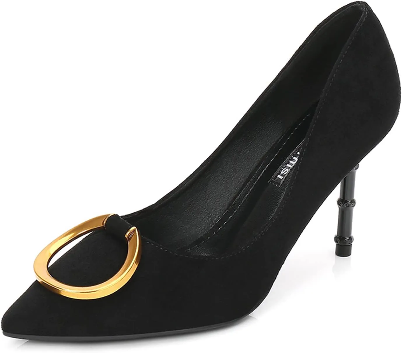 Women's Classic Suede Pointed Toe Slim Slip on Stiletto High Heel Pumps with Big Metal Round Buckle Office Work Dress Shoes 3.1 Inch Heels