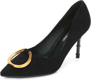 Women's Classic Suede Pointed Toe Slim Slip on Stiletto High Heel Pumps with Big Metal Round Buckle Office Work Dress Shoes 3.1 Inch Heels