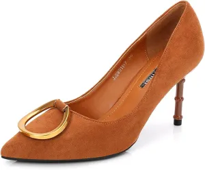 Women's Classic Suede Pointed Toe Slim Slip on Stiletto High Heel Pumps with Big Metal Round Buckle Office Work Dress Shoes 3.1 Inch Heels