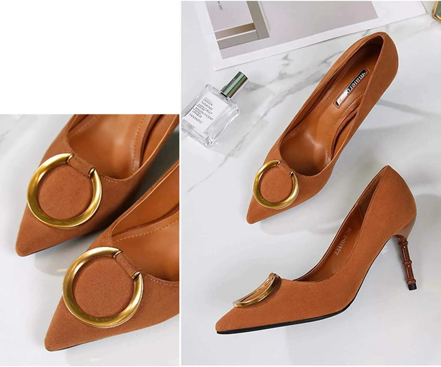 Women's Classic Suede Pointed Toe Slim Slip on Stiletto High Heel Pumps with Big Metal Round Buckle Office Work Dress Shoes 3.1 Inch Heels
