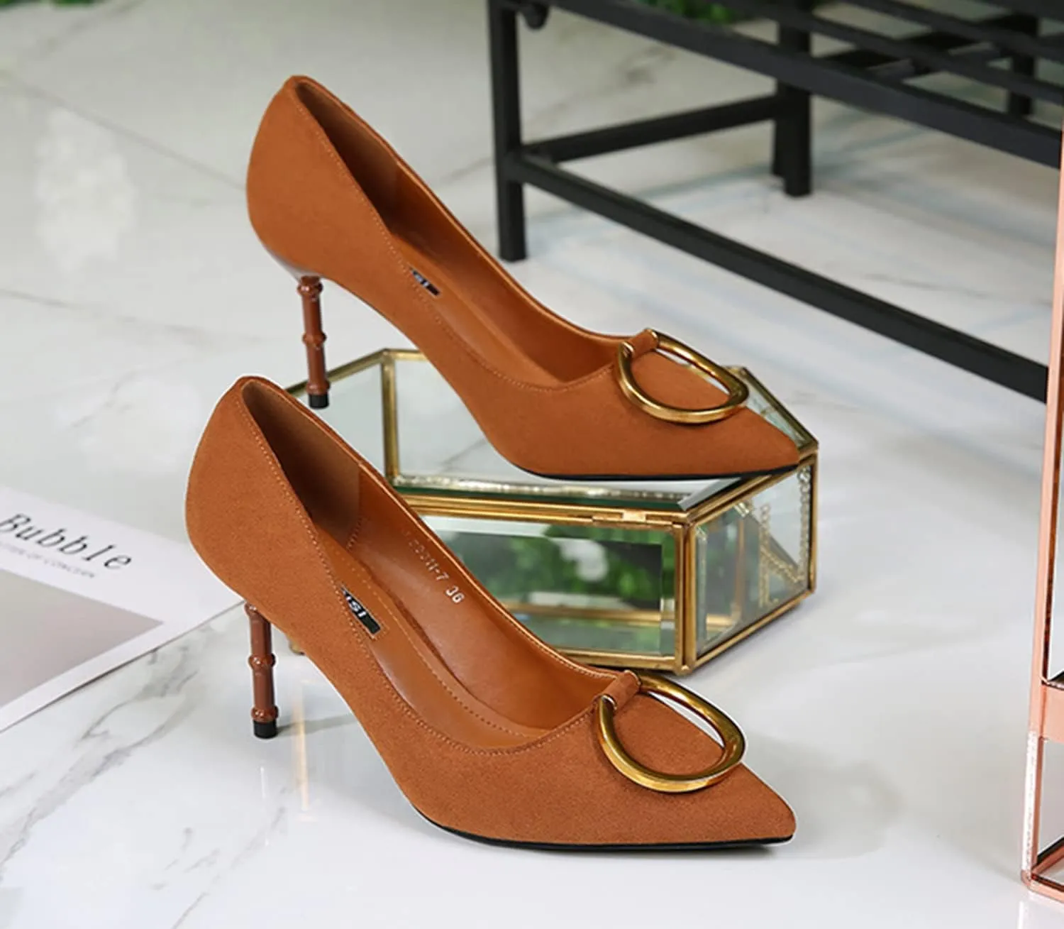 Women's Classic Suede Pointed Toe Slim Slip on Stiletto High Heel Pumps with Big Metal Round Buckle Office Work Dress Shoes 3.1 Inch Heels