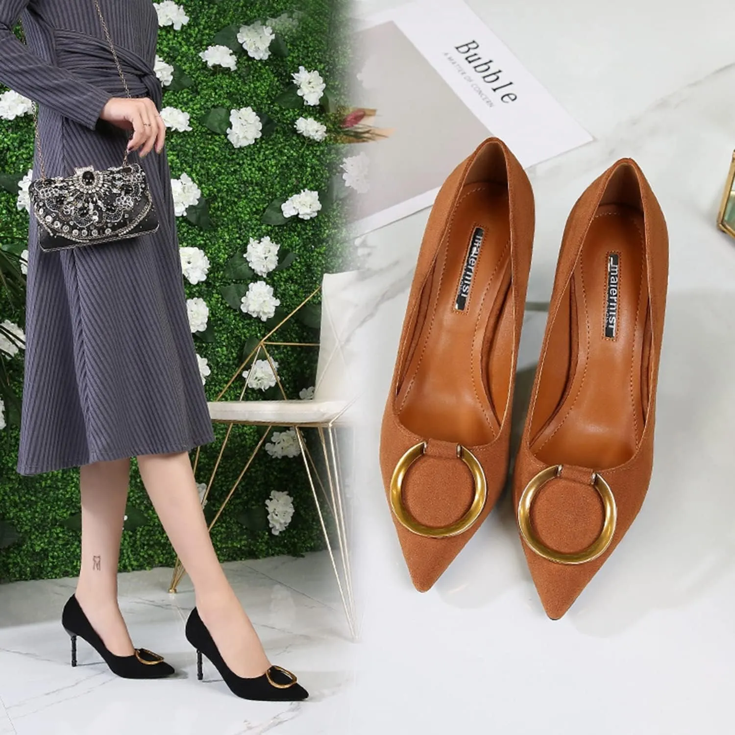 Women's Classic Suede Pointed Toe Slim Slip on Stiletto High Heel Pumps with Big Metal Round Buckle Office Work Dress Shoes 3.1 Inch Heels