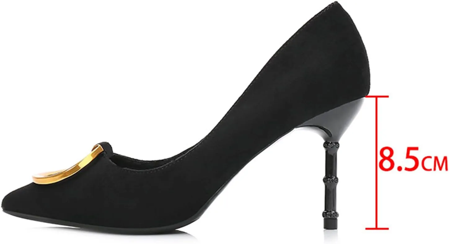 Women's Classic Suede Pointed Toe Slim Slip on Stiletto High Heel Pumps with Big Metal Round Buckle Office Work Dress Shoes 3.1 Inch Heels