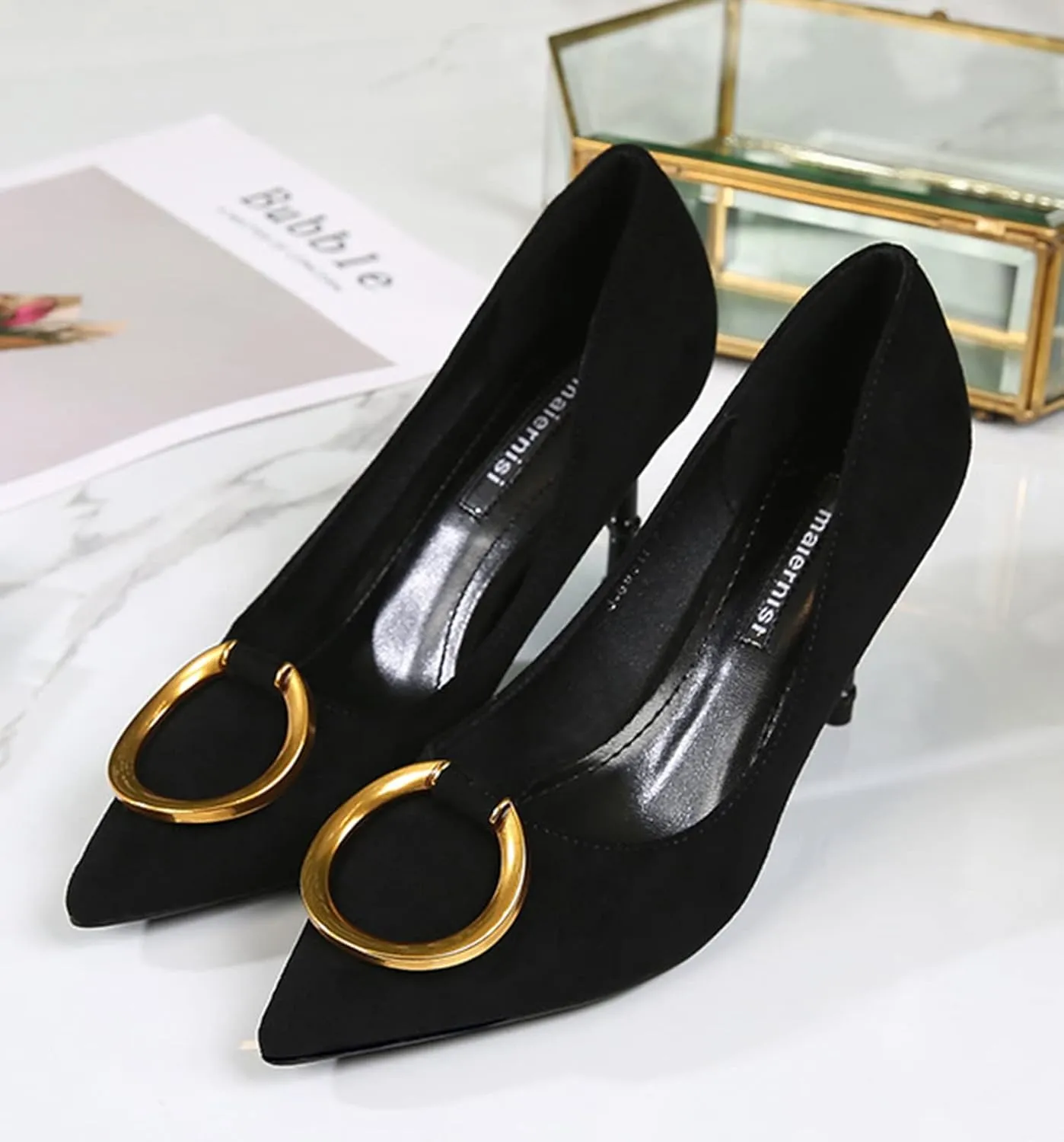 Women's Classic Suede Pointed Toe Slim Slip on Stiletto High Heel Pumps with Big Metal Round Buckle Office Work Dress Shoes 3.1 Inch Heels